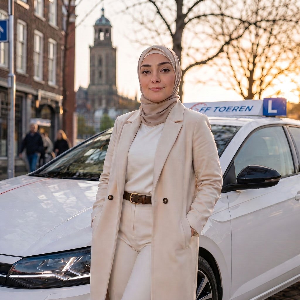 Hanadi Amoneh, eigenaar en rij-instructeur van Rijschool FF Toeren, naast de lesauto in Zwolle